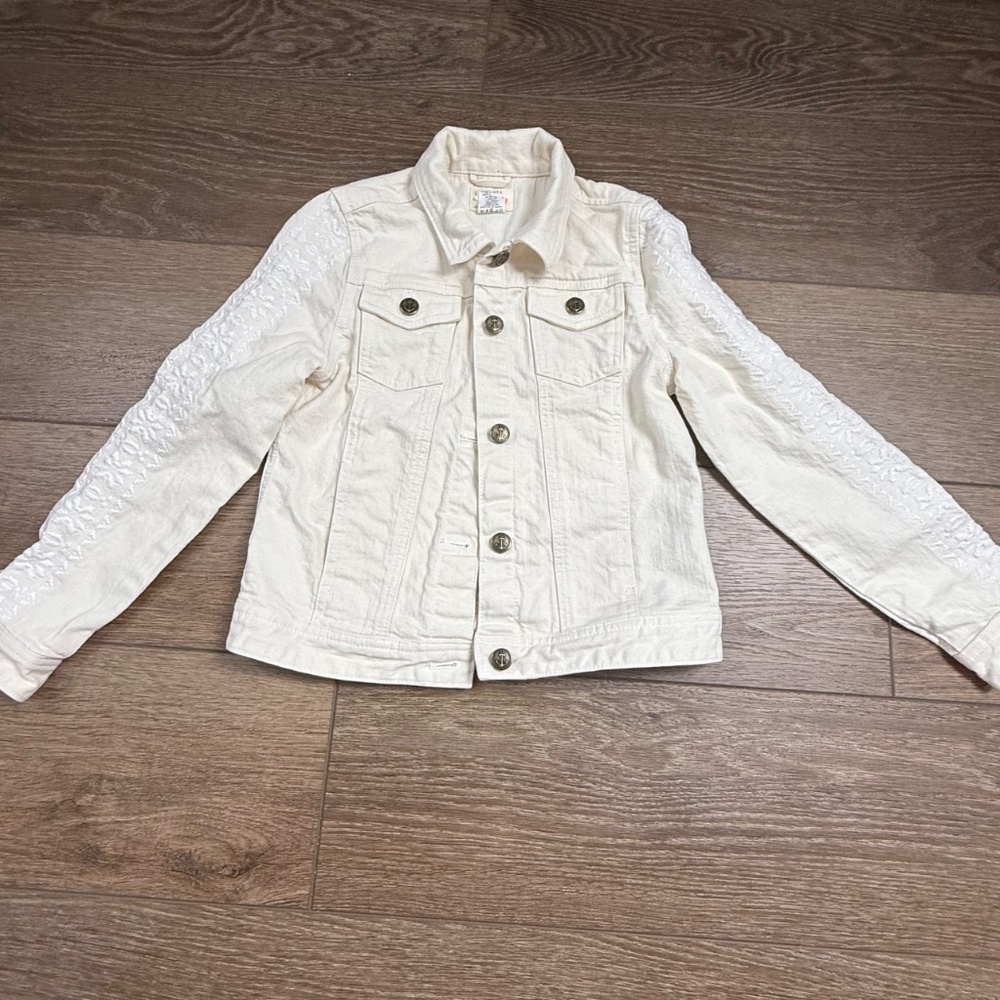 Crewcuts By J. Crew Girls Cream Denim Jean Jacket, Button Front, Embroidered 10